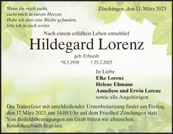Traueranzeige von Hildegard Lorenz von Heidenheimer Zeitung