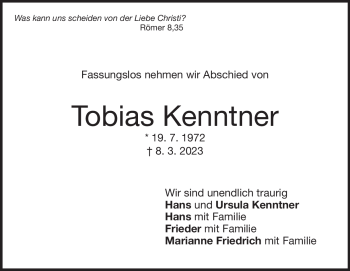Traueranzeige von Tobias Kenntner von Heidenheimer Zeitung