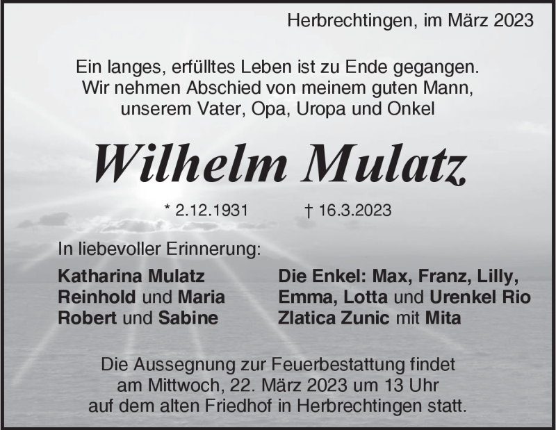  Traueranzeige für Wilhelm Mulatz vom 18.03.2023 aus Heidenheimer Zeitung