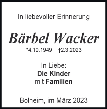 Traueranzeige von Bärbel Wacker von Heidenheimer Zeitung