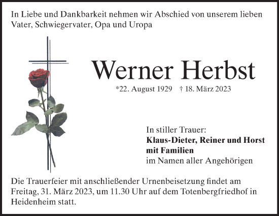 Traueranzeige von Werner Herbst von Heidenheimer Zeitung