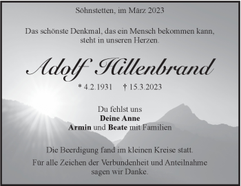 Traueranzeige von Adolf  Hillenbrand  von Heidenheimer Zeitung