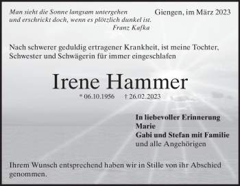 Traueranzeige von Irene Hammer von Heidenheimer Zeitung
