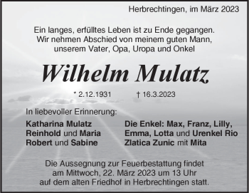 Anzeige Wilhelm Mulatz