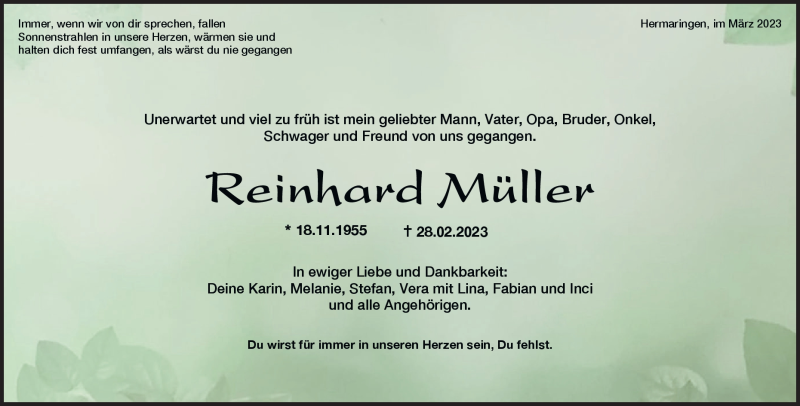  Traueranzeige für Reinhard Müller vom 18.03.2023 aus Heidenheimer Zeitung