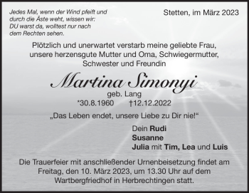 Traueranzeige von Martina Simonyi von Heidenheimer Zeitung