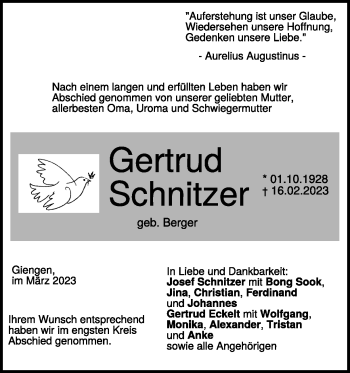 Traueranzeige von Gertrud Schnitzer von Heidenheimer Zeitung