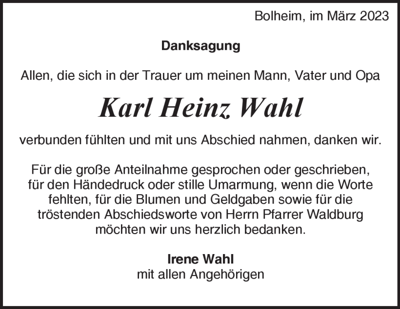  Traueranzeige für Karl Heinz Wahl vom 18.03.2023 aus Heidenheimer Zeitung