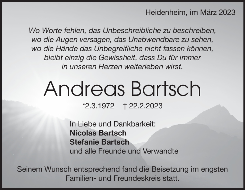  Traueranzeige für Andreas Bartsch vom 04.03.2023 aus Heidenheimer Zeitung