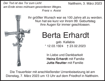 Traueranzeige von Berta Erhardt von Heidenheimer Zeitung
