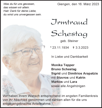 Traueranzeige von Irmtraud  Schestag von Heidenheimer Zeitung