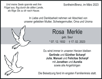 Traueranzeige von Rosa Merkle von Heidenheimer Zeitung