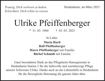 Traueranzeige von Ulrike Pfeiffenberger von Heidenheimer Zeitung