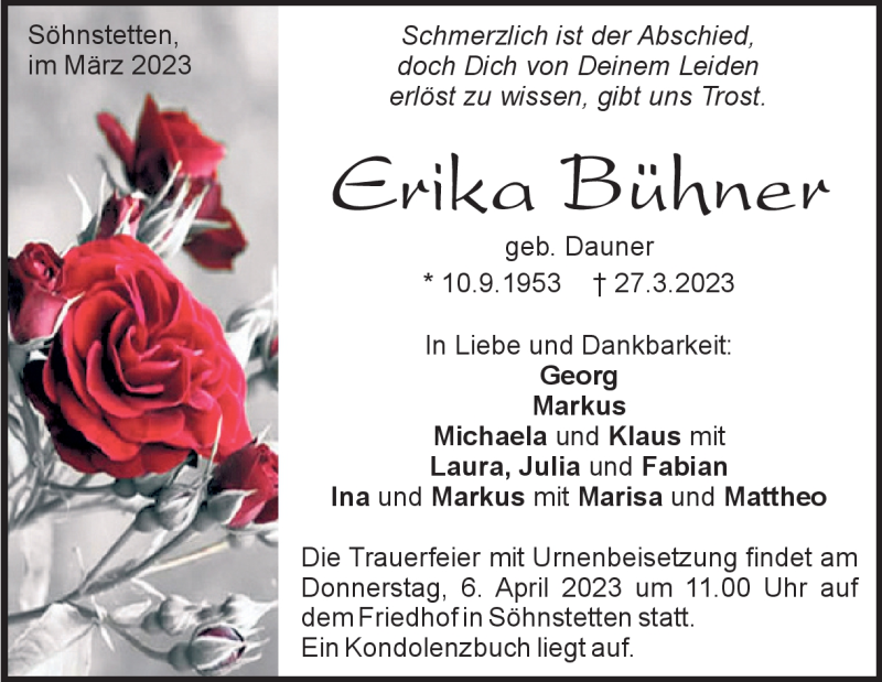  Traueranzeige für Erika Bühner vom 01.04.2023 aus Heidenheimer Zeitung