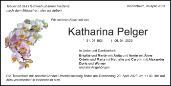 Traueranzeige von Katharina Pelger von Heidenheimer Zeitung