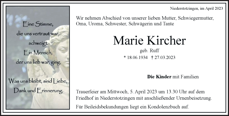  Traueranzeige für Marie Kircher vom 01.04.2023 aus Heidenheimer Zeitung
