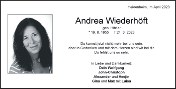 Traueranzeige von Andrea  Wiederhöft  von Heidenheimer Zeitung