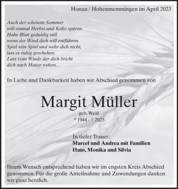 Traueranzeige von Margit  Müller von Heidenheimer Zeitung