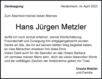 Traueranzeige von Hans Jürgen Metzler  von Heidenheimer Zeitung