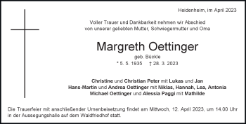 Traueranzeige von Margreth Oettinger von Heidenheimer Zeitung