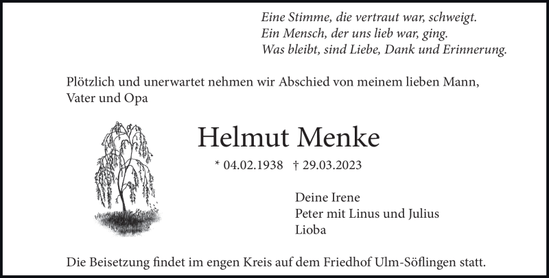 Traueranzeige für Helmut Menke vom 01.04.2023 aus Heidenheimer Zeitung