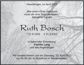 Traueranzeige von Ruth Bosch von Heidenheimer Zeitung