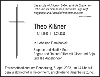 Traueranzeige von Theo Kißner von Heidenheimer Zeitung