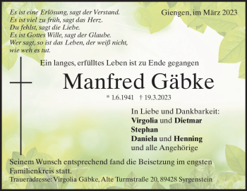 Traueranzeige von Manfred  Gäbke  von Heidenheimer Zeitung