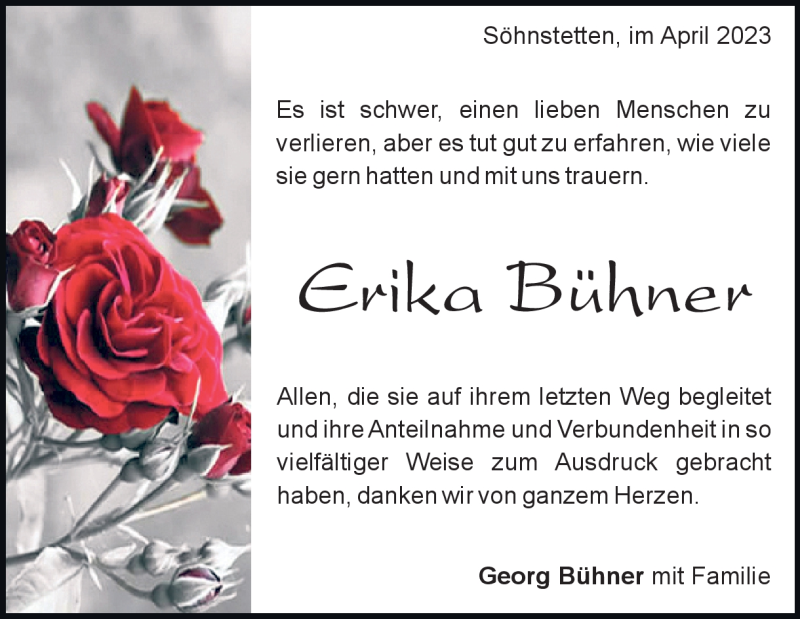  Traueranzeige für Erika Bühner vom 21.04.2023 aus Heidenheimer Zeitung