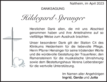 Traueranzeige von Hildegard Spranger von Heidenheimer Zeitung