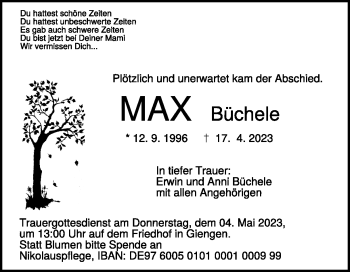 Traueranzeige von MAX Büchele von Heidenheimer Zeitung