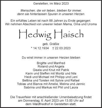 Traueranzeige von Hedwig  Haisch  von Heidenheimer Zeitung
