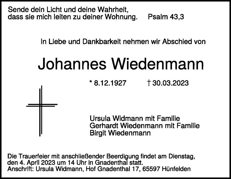  Traueranzeige für Johannes Wiedenmann vom 01.04.2023 aus Heidenheimer Zeitung