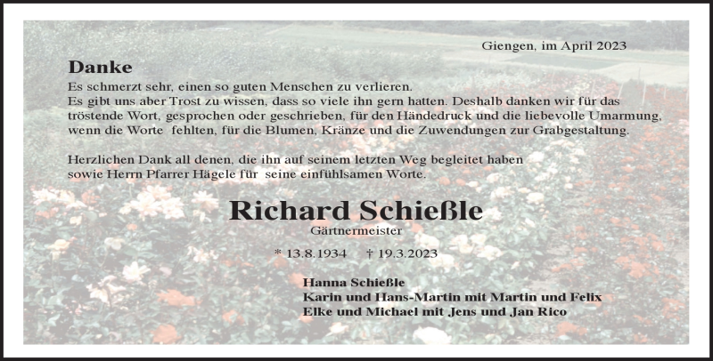  Traueranzeige für Richard  Schießle vom 29.04.2023 aus Heidenheimer Zeitung