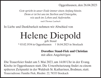 Traueranzeige von Helene Diebold von Heidenheimer Zeitung