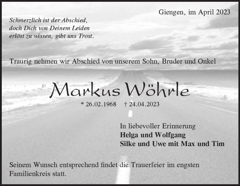  Traueranzeige für Markus Wöhrle vom 27.04.2023 aus Heidenheimer Zeitung
