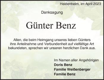Traueranzeige von Günter Benz von Heidenheimer Zeitung