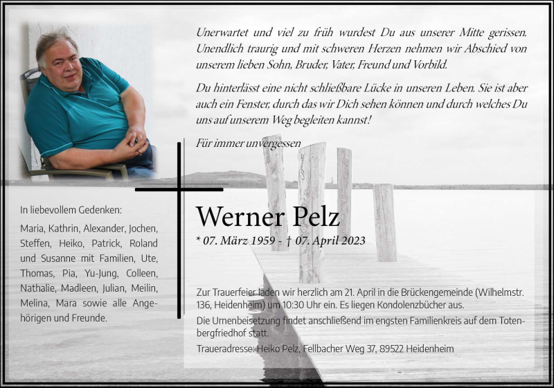  Traueranzeige für Werner Pelz vom 13.04.2023 aus Heidenheimer Zeitung