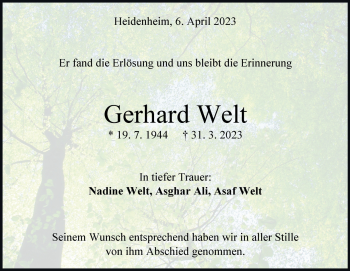 Traueranzeige von Gerhard Welt von Heidenheimer Zeitung