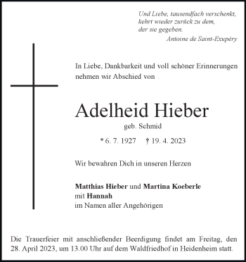 Traueranzeige von Adelheid Hieber von Heidenheimer Zeitung