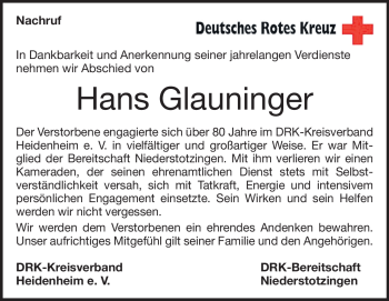Traueranzeige von Hans Glauninger von Heidenheimer Zeitung