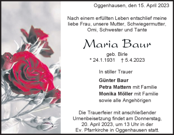 Traueranzeige von Maria Baur von Heidenheimer Zeitung