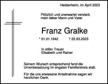 Traueranzeige von Franz Gralke von Heidenheimer Zeitung