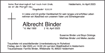 Traueranzeige von Albrecht Binder von Heidenheimer Zeitung