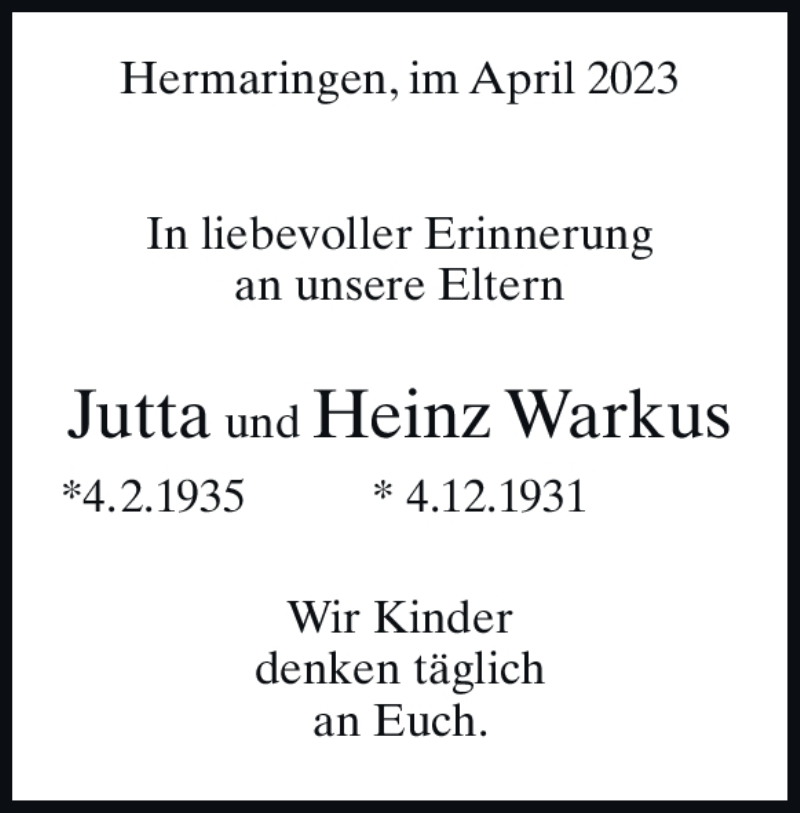  Traueranzeige für Heinz Warkus vom 22.04.2023 aus Heidenheimer Zeitung
