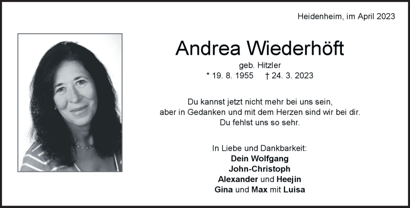  Traueranzeige für Andrea  Wiederhöft  vom 24.04.2023 aus Heidenheimer Zeitung