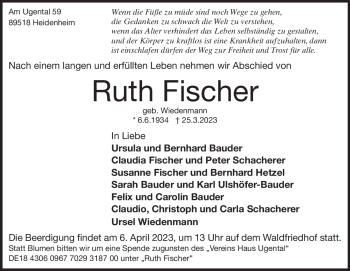 Traueranzeige von Ruth Fischer von Heidenheimer Zeitung