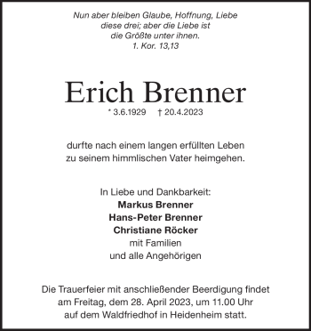 Traueranzeige von Erich Brenner von Heidenheimer Zeitung