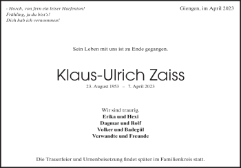 Traueranzeige von Klaus-Ulrich Zaiss von Heidenheimer Zeitung