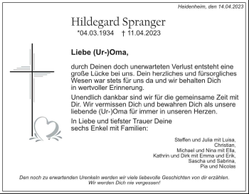 Traueranzeige von Hildegard Spranger von Heidenheimer Zeitung
